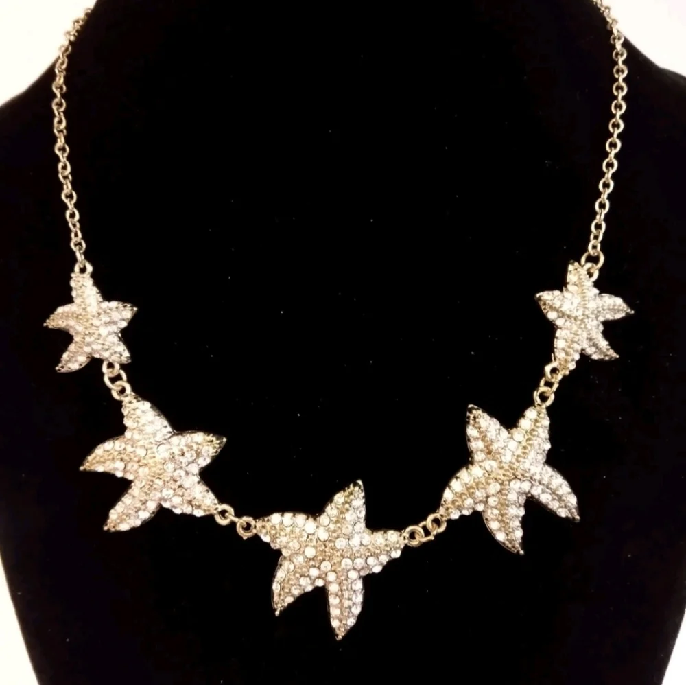 Traci Lynn"Sea Stars"Rhinestone Studded StarFish GoldTone Statement Necklace - Picture 4 of 9